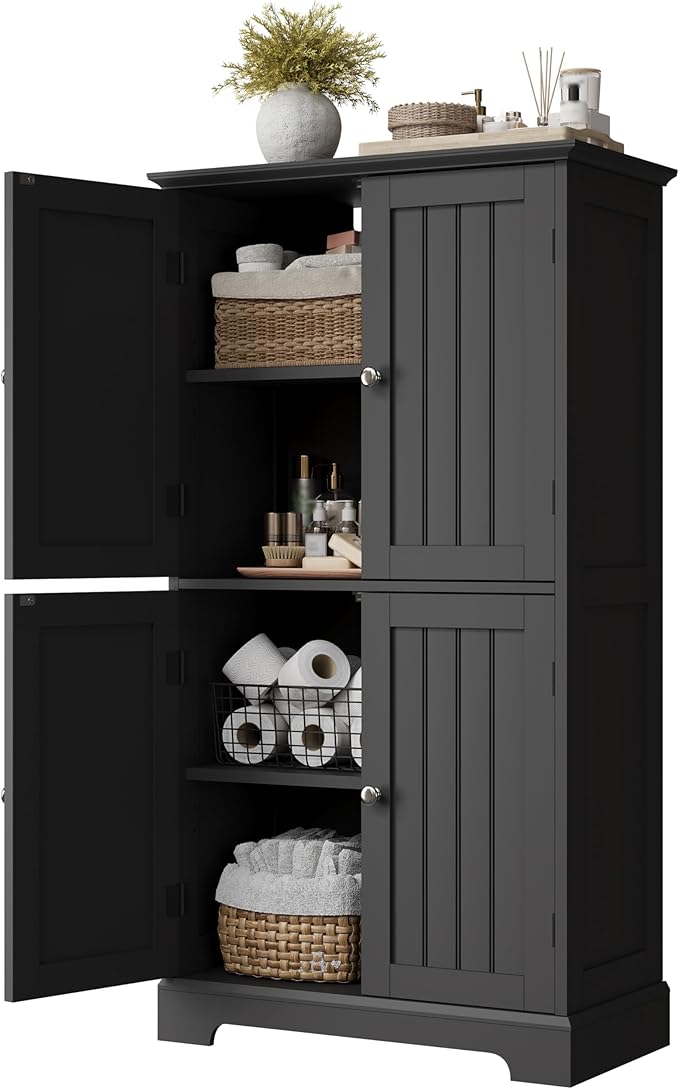 ChooChoo Bathroom Floor Cabinet, Modern Bathroom Storage Cabinet with 4 Doors and Adjustable Shelves, Freestanding Cupboard for Living Room, Black