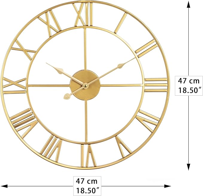 LEIKE Large Modern Wall Clocks,18" Gold Metal,Rustic,Round,Silent Non Ticking,Battery Operated Roman Numerals Clock for Living Room/Bedroom/Kitchen Wall Decor-(Gold, 47cm)