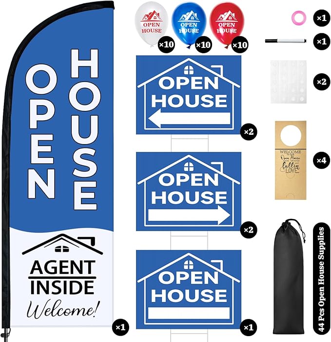 44 Pcs Open House Signs for Real Estate Agent Supplies, Double Sided Open House Flag Kit for Outside, 7.6 x 5.4 Ft Blue Banner Flag Poles Set with Directional Arrows Yard Sign Stakes Balloons