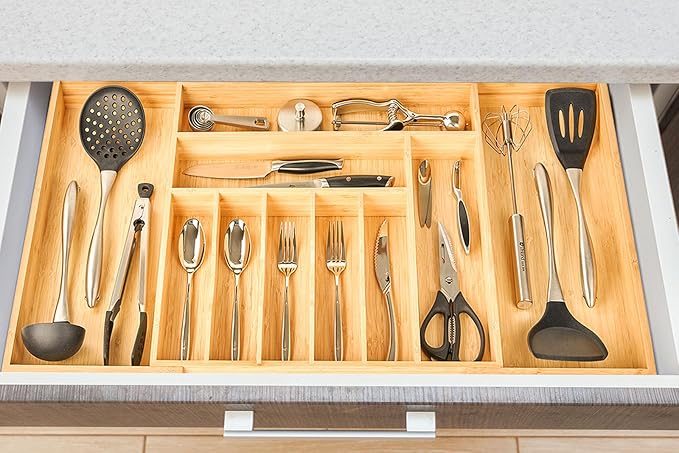Umilife Extra Large Expandable Kitchen Siverware Utensils Drawer Organizer, 19" Deep for Big Drawer, Adjustable Bamboo Wood Drawer Divider with Curved Grooves, Cutlery Tray Flatware Holder
