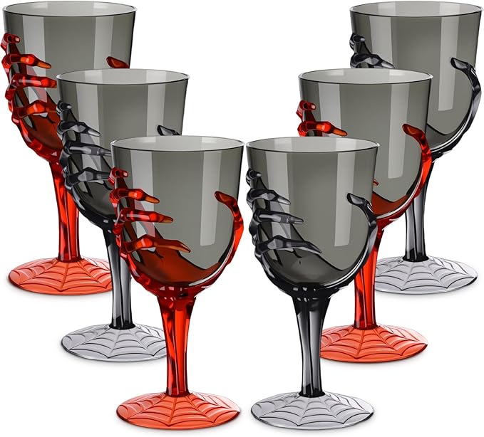 Dandat 24 Pcs Halloween Skeleton Hand Goblets 12oz Clear Plastic Halloween Cups Skull Wine Glass Set for Creepy Spooky Party Decorations (Black,Orange)