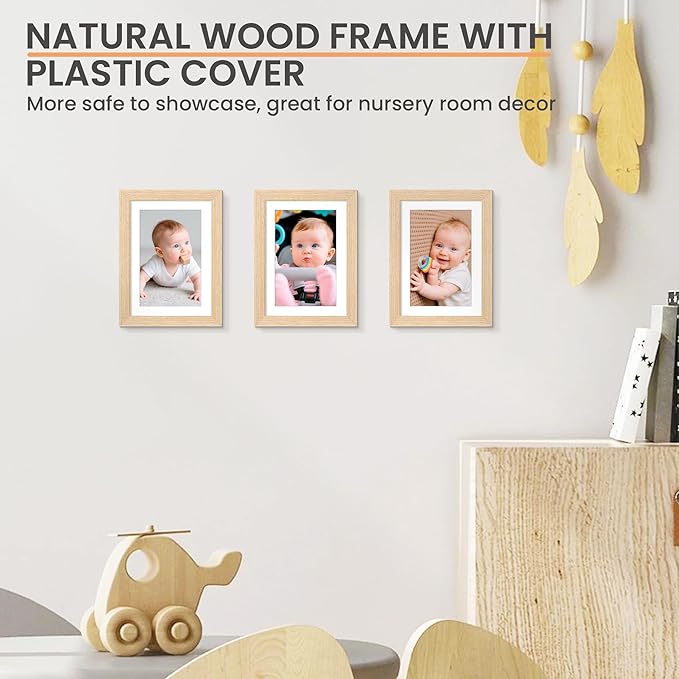 upsimples 5x7 Picture Frame, Natural Solid Wooden Picture Frames, Display 4x6 with Mat or 5 x 7 Without Mat, Wall or Tabletop, 1 Pack, Natural