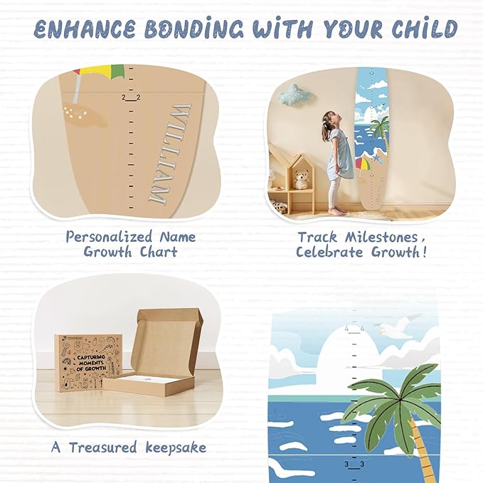 Personalized Name Growth Chart, Surfboard Children's Height Growth Chart Wall Board, Stereoscopic Height Ruler, Precision Height Measuring Instrument for Nursery Room, Includes Tools