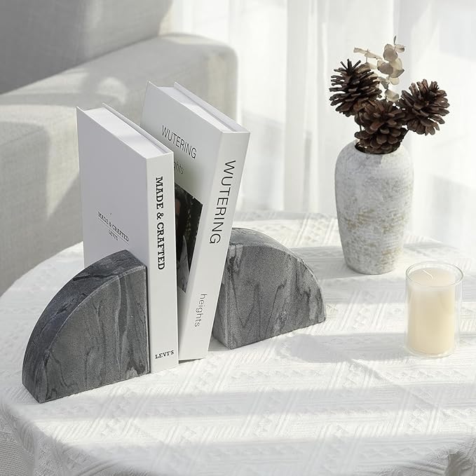 Marble Bookend for Shelves, Non-Skid Bookends for Heavy Books, Heavy Duty Book Stopper for CDs, Luxury Book Shelf Holder, Quarter Circle Design Book Ends Decorative, Monte Grigio, Set of 2