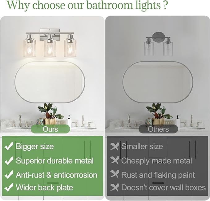 3-Light Bathroom Light Fixtures, Brushed Nickel Vanity Lights with Clear Glass Shades, Modern Bathroom Wall Lamp for Mirror Living Room Cabinet Bedroom Porch