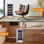 15 Inch Wine Fridge 32 Bottles Wine Cooler Refrigerator Undercounter Wine Fridge with Glass Door, LED Light, Removable Wooden Shelves, Built-in or Freestanding Wine Refrigerator for Home Office Bar