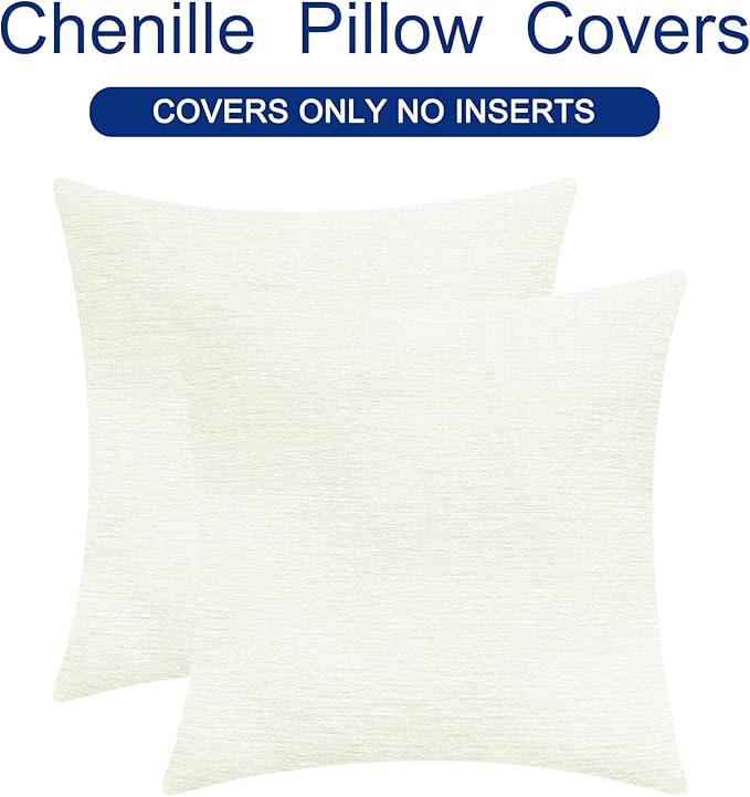 CaliTime Throw Pillow Covers Decorative 18 X 18 Inches Pack of 2 Cozy Chenille Cushion Cases for Couch Sofa Bed Living Room Home Cream