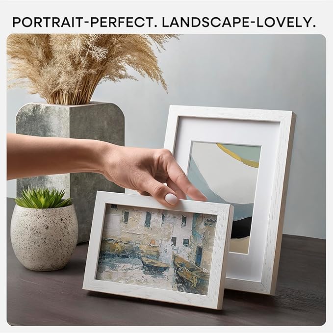 Homeforia 8x12 Picture Frame White, High End Oak 8 x 12 Wood Frames with Mat 6 by 8 Print, 8by12 Wooden Frame Matted to 6x8 inch Photo, 12x8 Wall or Tabletop Frames, Tempered Glass, Wall Kit, Set of 1