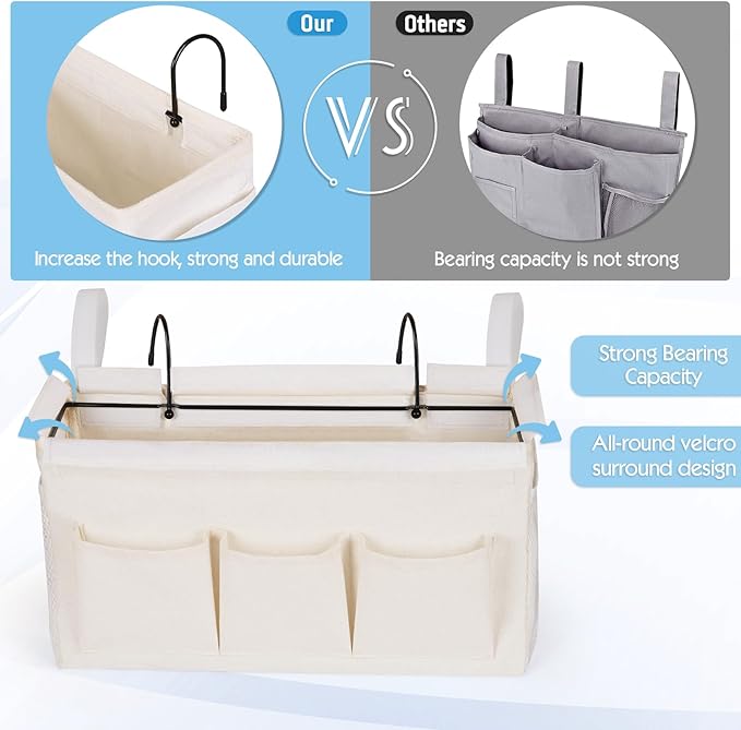 Bedside Storage Caddy/Bedside Hanging Storage Bag for Headboards Bunk Beds Dorm Rooms Book Phone Magazine Holder (New White)