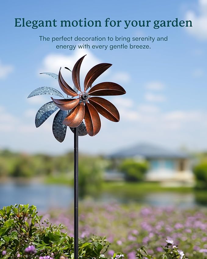 Wind Spinners Outdoor, Copper Teal Kinetic Wind Spinner with Stake, Garden Yard Spinners Windmill Decor for Patio Lawn (12" W x 70" H)
