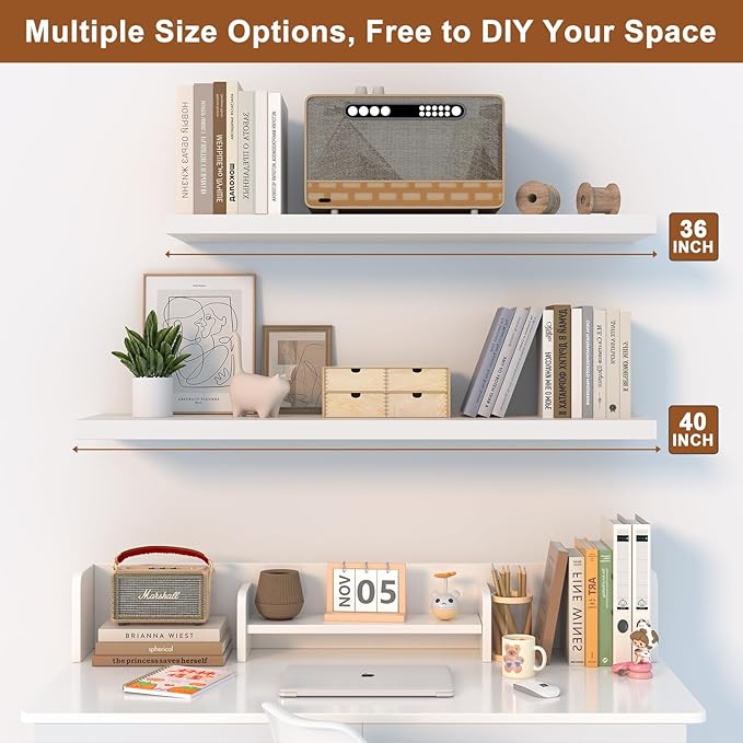 12 Inch Deep Floating Shelves for Wall 2 Pack White Floating Shelves Large Storage Space Wall Mount Shelf for Living Room Kitchen Bathroom 24" W x 12" D x 1.2" White