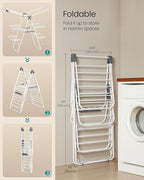 SONGMICS Clothes Drying Rack, Foldable 3-Level Laundry Rack, Free-Standing Large Drying Rack, with Height-Adjustable Wings, 39 Drying Rails, Sock Clips, White and Gray ULLR054W01