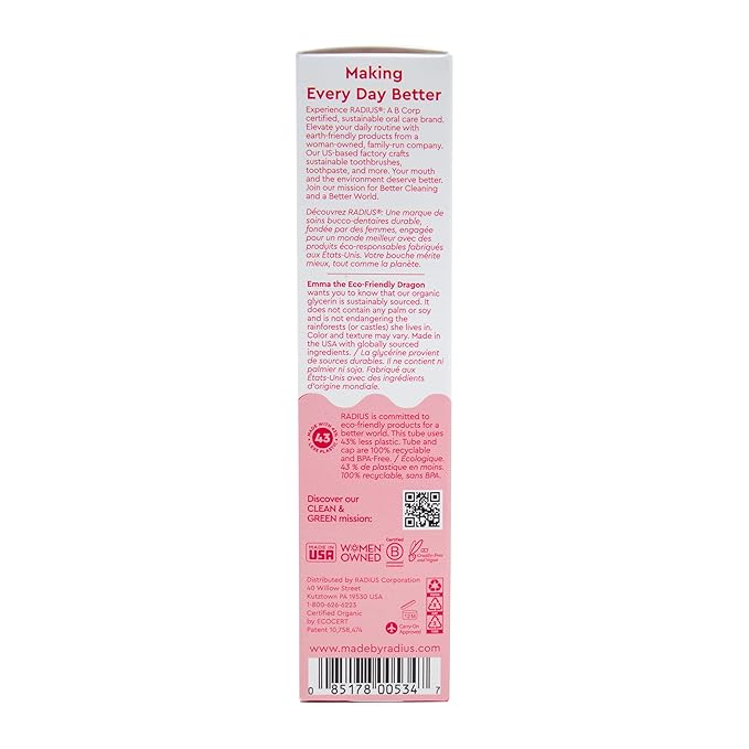 RADIUS USDA Organic Kids Toothpaste 3oz Non Toxic Chemical-Free Gluten-Free Designed to Improve Gum Health for Children's 6 Months and Up - Dragon Fruit - Pack of 6
