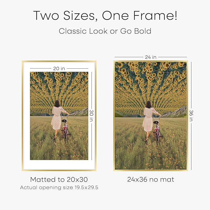 Homeforia 24x36 Gold Picture Frame, High End Metal 24 x 36 Large Poster Frames with Mat 20 by 30 inch Photo, 24x36 Gold Frame Matted to 20x30 for Print, 36x24 Frame, Tempered Glass, Wall Kit, Set of 1