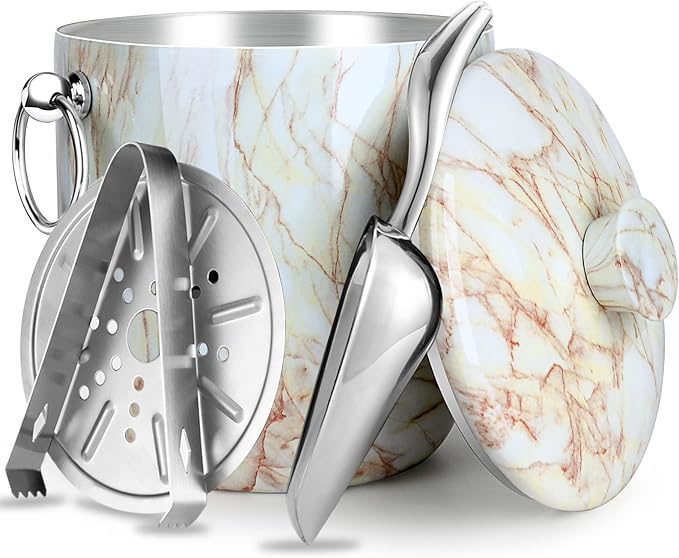 Ice Bucket with Lid, Scoop, Tongs and Strainer - Well Made Insulated Stainless Steel Keep Ice Frozen Longer - Ideal for Cocktail Bar, Parties, Chilling Wine, Champagne - 3 Liter (CarraraMarble)