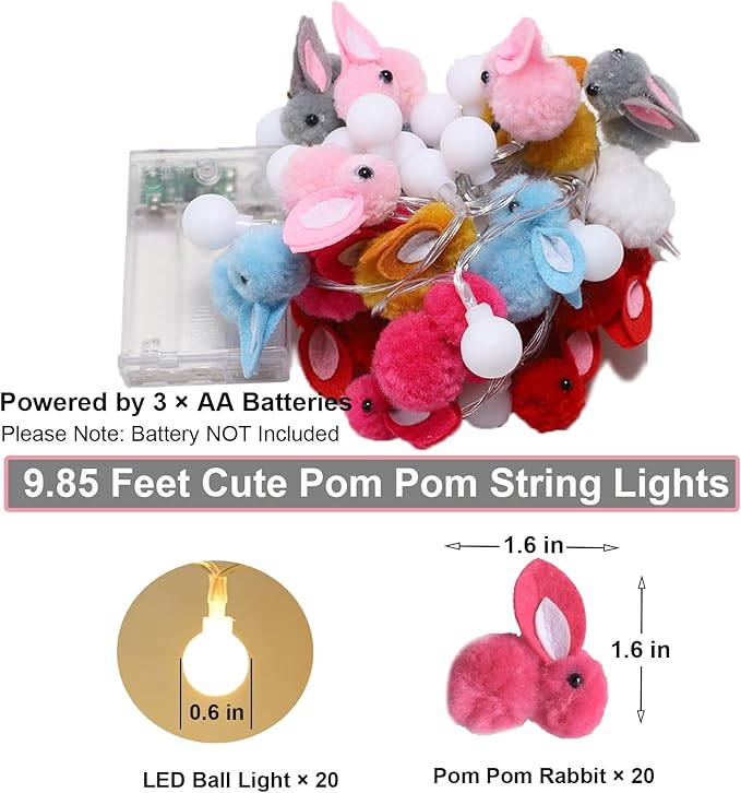 9.85Ft Easter Decor String Lights with Timer 20 Rabbit Shaped Pompoms 20 Ball LED Garland Battery Operated Easter Decorations Bunny Lights for Home Party Kids Room Bedroom Birthday Wedding Indoor