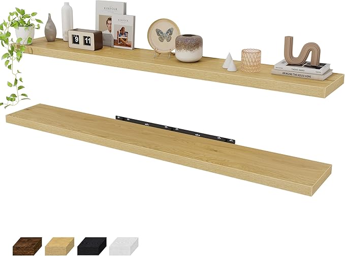 Fun Memories 72 Inch Floating Shelves for Wall 2 Pack Shelves for Bedroom|Kitchen|Bathroom 72 x 9.3 Inch Wood Floating Shelf with Invisible Brackets for Books|Storage|Decor, Oak