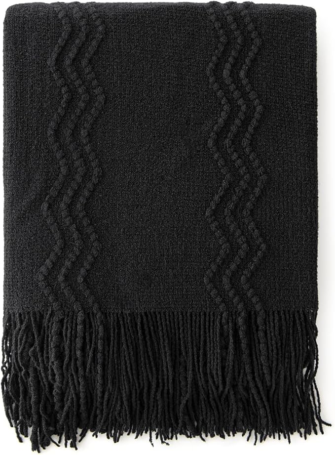MIULEE Black Knitted Throw Blanket for Couch Textured Knit Blanket with Tassels Cozy Woven Boho Bed Blanket for Sofa Bed Chair Acrylic Wave Pattern 50"x60"