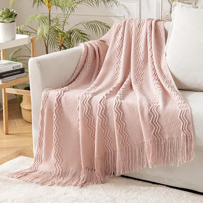 MIULEE Light Pink Knitted Throw Blanket for Couch Bed, Boho Textured Cozy Woven Decorative Farmhouse Blanket with Tassels for Sofa Chair Living Room 50"x60"