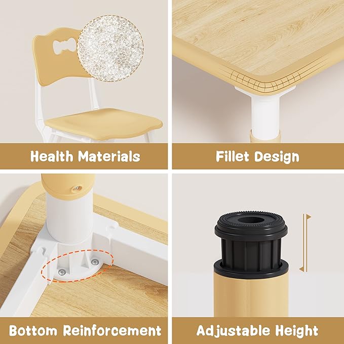 Brelley Kids Table and 6 Chairs Set, Height Adjustable Toddler Desk and Chair Set, Graffiti Desktop, Classroom/Daycare/Home, Children Multi-Activity Table for Ages 2-8