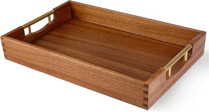 LotFancy Wood Serving Tray with Metal Handles, 17x13 Inch, Large Ottoman Tray, Decorative Wooden Tray for Living Room, Ottoman, Coffee Table, Countertop Centerpiece