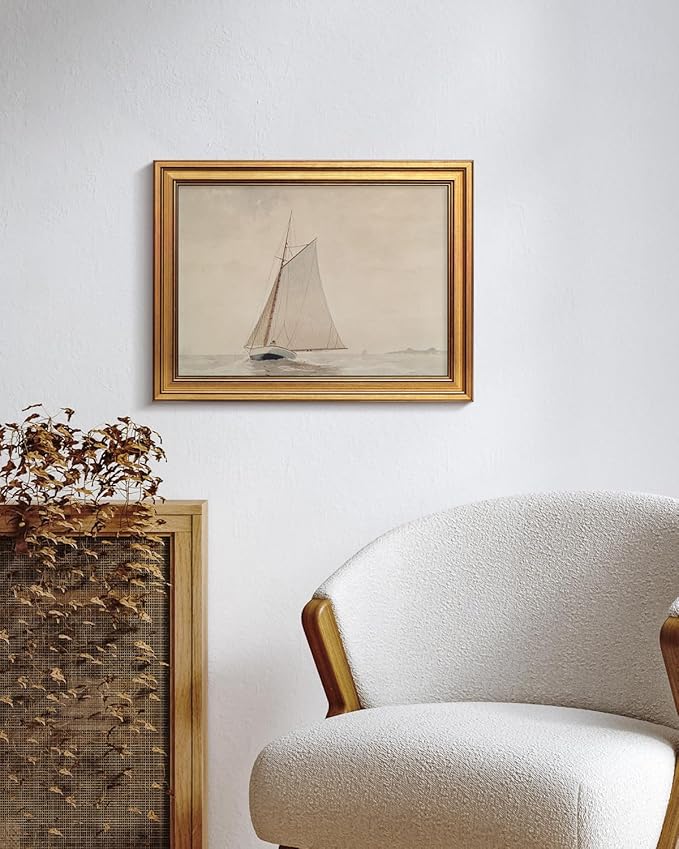 HUARCEY Gold Framed Vintage Wall Art for Living Room, Seaview Painting Prints Shelf Decor for Kitchen, Aesthetic Bedroom Wall Art, Christmas Gifts for Friends or Family (White Sailboat - 12"x16")