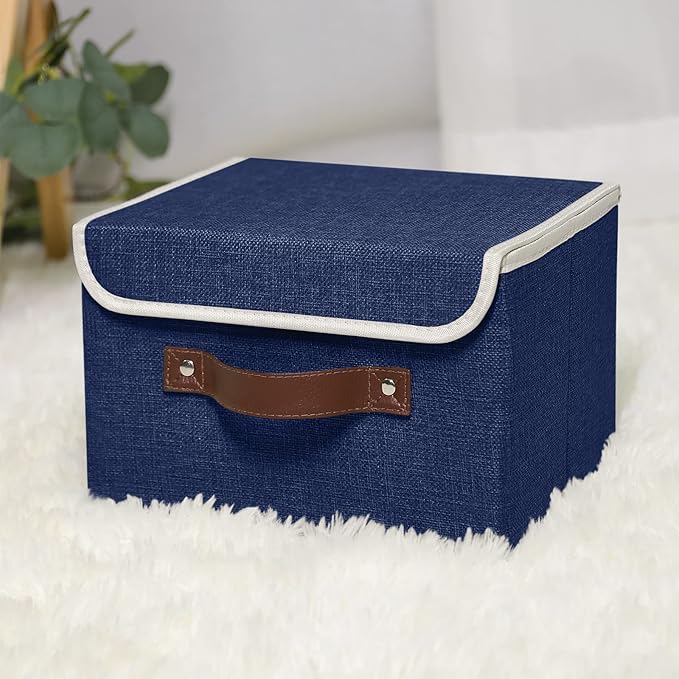 ANMINY Storage Bin with Lid Storage Boxes with PU Leather Handles PP Plastic Board Decorative Foldable Lidded Cotton Linen Fabric Home Cubes Baskets Closet Organizer Container - Blue, Small Size
