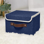 ANMINY Storage Bin with Lid Storage Boxes with PU Leather Handles PP Plastic Board Decorative Foldable Lidded Cotton Linen Fabric Home Cubes Baskets Closet Organizer Container - Blue, Small Size