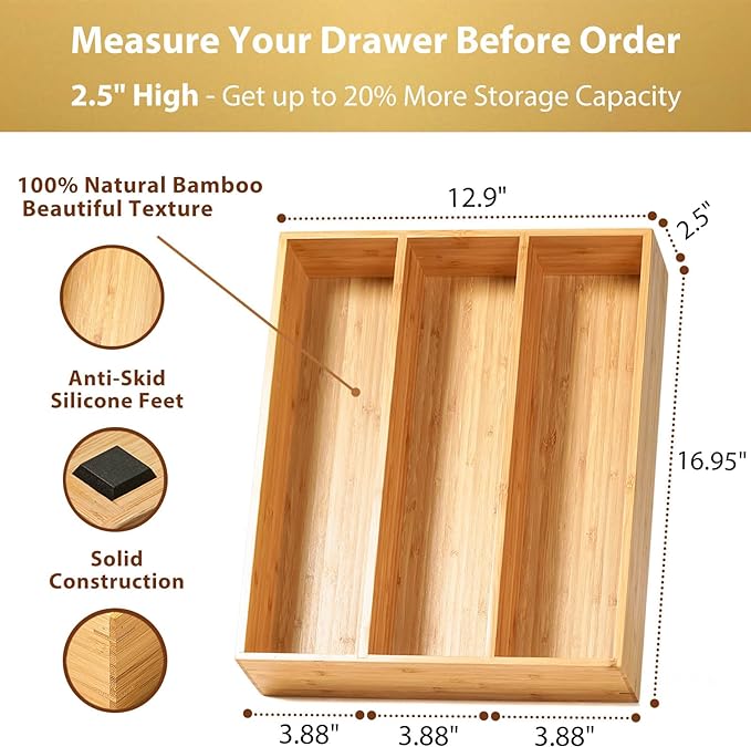 Umilife Bamboo Kitchen Utensils Organizer, 13 Inch Drawer Dividers for Silverware, Extra Deep Holder, with Non-Slip Feet, Wood Caddy for Flatware Cutlery