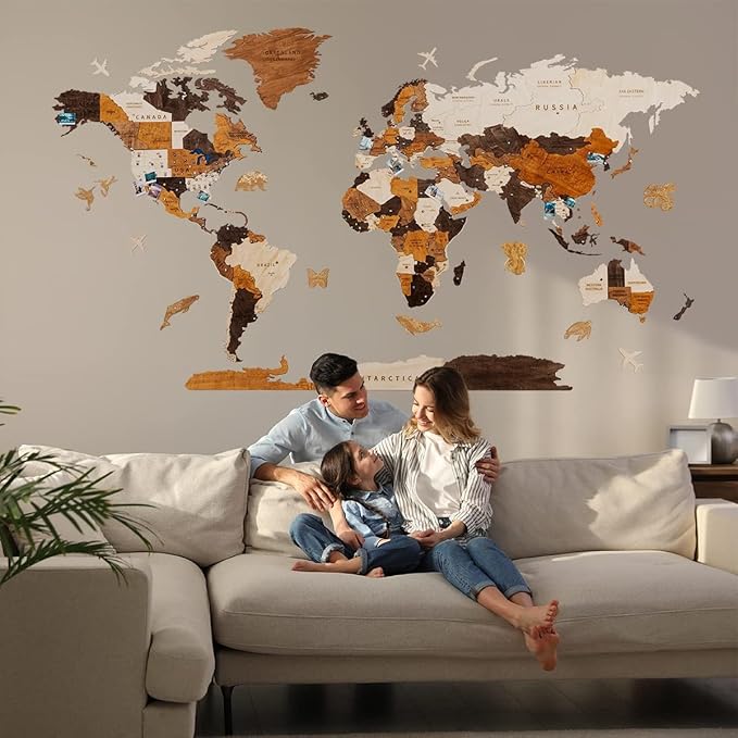 HYPERI Multilayered 3D Wooden World Map Wall Decor, Wood Art Wall Decor, Mapa Mundi Para Pared, World Maps and Push Pins, Valentine's Day Gifts For Dad, Mom, Boss, Husband, Wife (XX-Large)