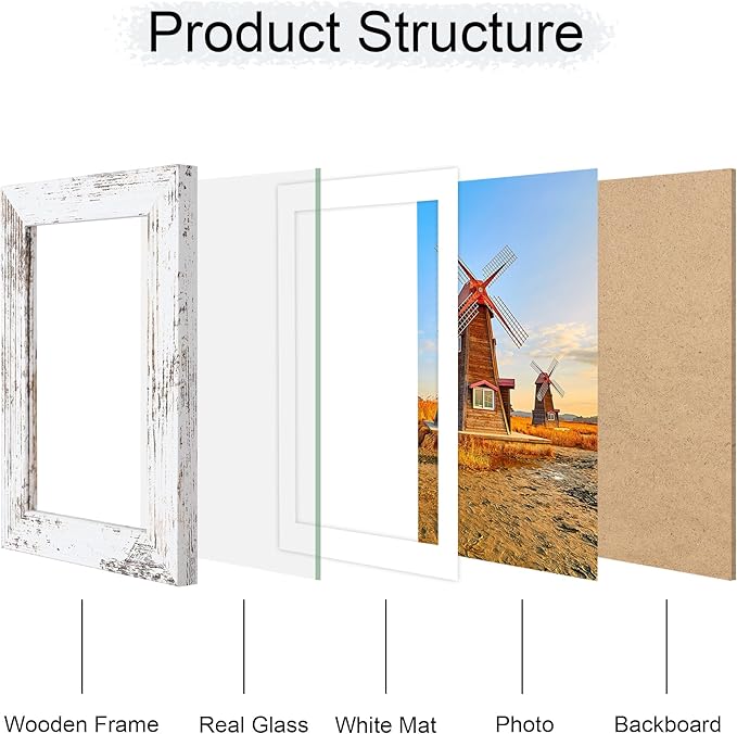 4x6 Picture Frame Set of 4, 4 x 6 Wood Photo Frames with Mat for 3.5x5, Rustic Natural Wooden Frame with Real Glass Cover for Wall and Tabletop Display,Distressed White
