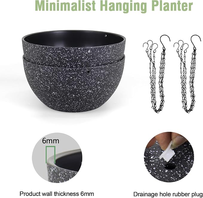 8 inch Small Hanging Planters for Indoor Outdoor Plants, 2 Pack Hanging Flower Plant Pots with Drainage Holes and Chain for Porch, Plastic Hanging Baskets for House Plants, Speckled Black