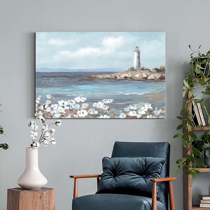cozy country Lighthouse Wall Art 36"x24" - Coastal Pictures Beach Canvas Ocean Decor - Nautical Artwork Seascape Hand Painting for Bedroom, Sea House