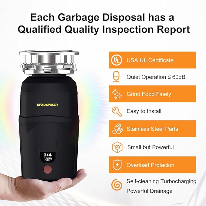 A600 Garbage Disposal 3/4 HP for Kitchen Sink, Food Waste Disposer Fast Continuous Feed Stainless Steel Grind, Quiet, Ease Install, With Power Cord, Powerful Drainage Compact Design 0.75 Horsepower