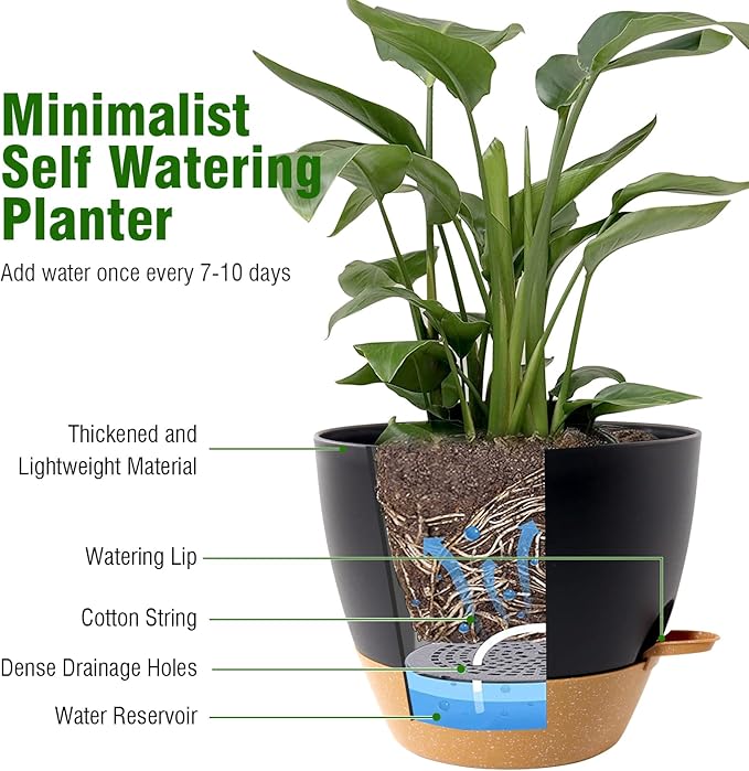 10/9/8 inch Medium Self Watering Pots, Planter, Plant Pots with Mesh Drainage Holes for Indoor Outdoor Garden Plants, Plastic Flower Pots with Removable Deep Reservoir, Black with Brown