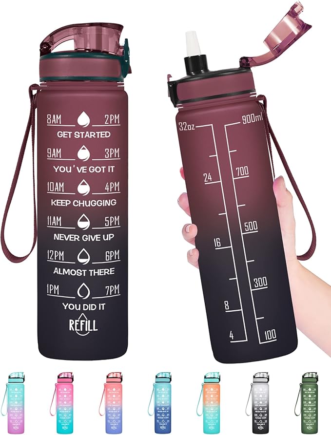 Enerbone Water Bottle, Leakproof BPA & Toxic Free, Motivational Water Bottle with Times to Drink and Straw, Fitness Sports Water Bottle with Strap for Office, Gym, Outdoor Sports