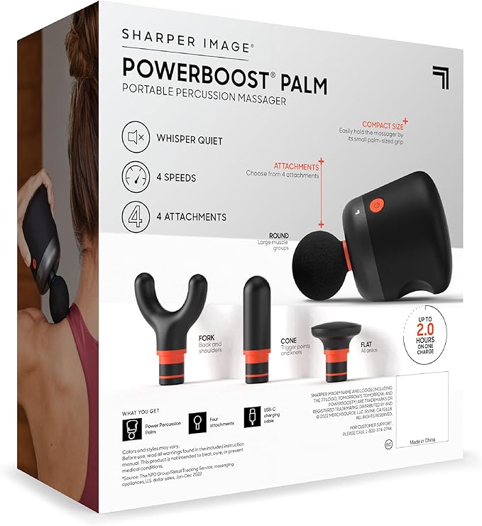 Sharper Image® Powerboost® Palm Portable Percussion Massager - 4 Attachments, 4 Speeds| Compact Full Body Back & Shoulder Mini Massage Gun| Deep Tissue Muscle Soreness Recovery| Wellness Gift