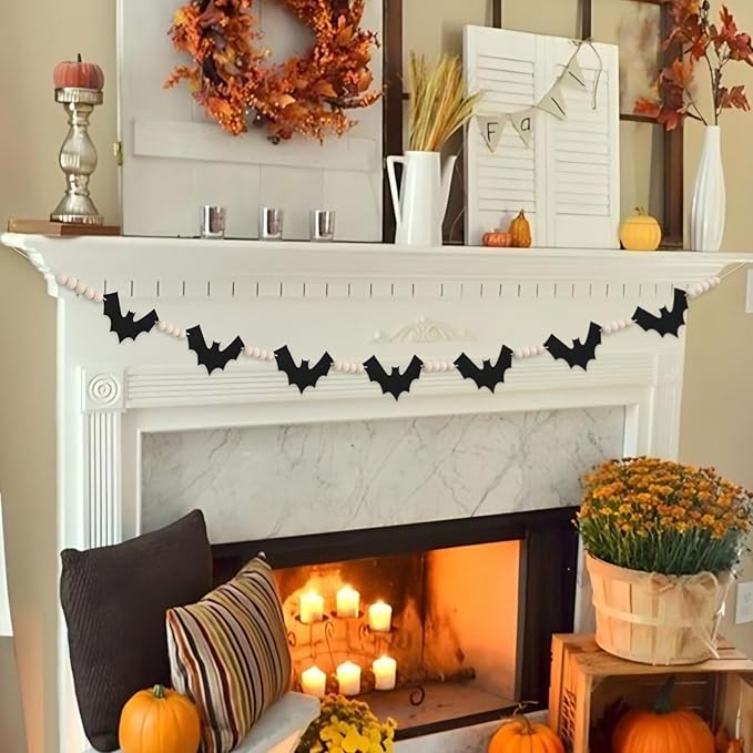 2 Packs Halloween Decorations Garland, Felt Bats Halloween Decor Banner with Wood Beads for Fireplace Mantel Fireplace Home Indoor