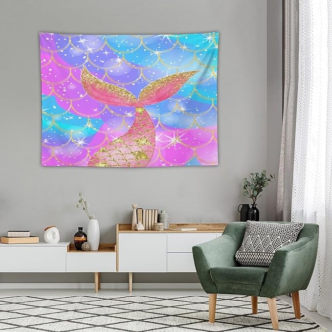 HZOHNAGO Mermaid Scales Tapestry Colorful Shiny Scales Mermaid Tail Pattern Printed Wall Tapestry Wall Hanging for Bedroom Living Room Dorm 40" W x 30" H