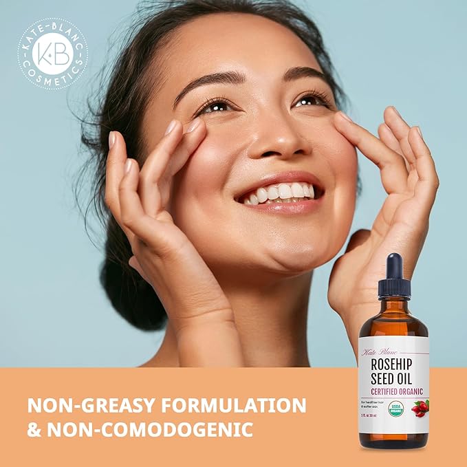 Kate Blanc Cosmetics Rosehip Oil for Face & Softer Glowing Skin (1oz, Organic, Pure, Cold Pressed) Rosehip Seed Face Oil for Facial & Gua Sha Massage