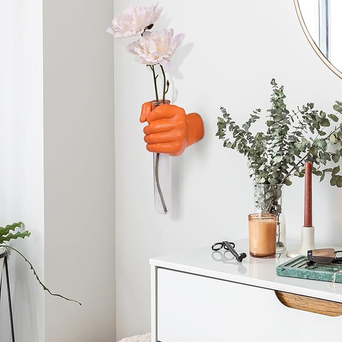 Orange Wall Sculptures, Hand Vases Home Decor, Wall Mount Art Sculpture, Unique Wall Art Statue, Funky Flower Vase Decorations, Modern Eclectic Hanging Decor,Glass Test Tube Vase (Orange)