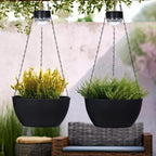 2 Packs Hanging Planters Basket for Outdoor Plants, Solar Powered Self Watering Black Round Plastic Flower Pots with Drainer for Balcony Patio Garden Outdoor Decoration