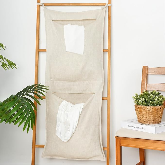 100% Linen Hanging Laundry Bag with 2 Compartments, Over the Door Laundry Hamper, Dirty Clothes Space Saving Organizer 19.7 x 47 Inches, Linen