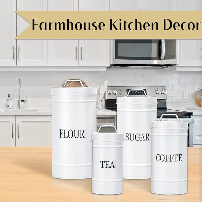 Farmhouse Canister Set for Kitchen Countertop, Airtight Nesting Kitchen Canisters Set of 4, Mental Flour Sugar Coffee Tea Storage Canister Jars, Vintage Country Design, White