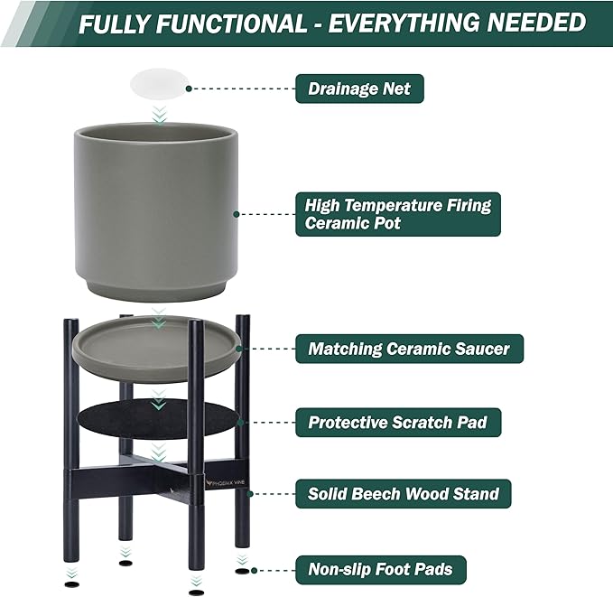 D'vine Dev Ceramic Planter with Ebony Stand - 10 Inch Modern Round Flower Pot with Wood Planter Holder, Grey, 55-B-L-3