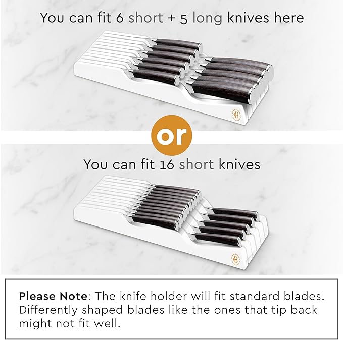 In-Drawer Knife Block Organizer - Bamboo Wood Drawer Knife Organizer - Holds 5 Long + 6 Short Knives (Not Included) - Store Knives with Blades Pointing Down