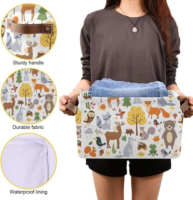 Storage Basket Bin Cute Woodland Animals Organizer Collapsible Shelf Basket Cube with Handle for Nursery Bedroom Bathroom