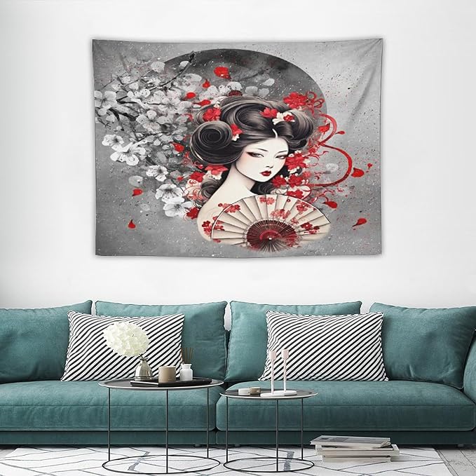 Japanese Geisha Tapestry Asian Red Cherry Blossom Red Sun Traditional Kimono Folk Tapestries Home Decor for Living Room Bedroom Apartment Farmhouse Dorm 40"x30"