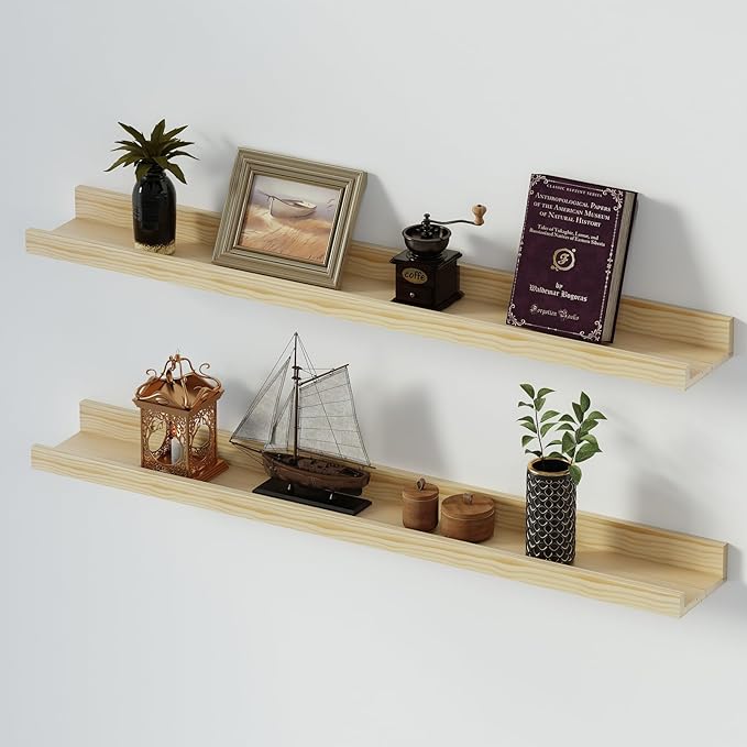 SAUMONIERES Picture Ledge Shelf Floating Book Shelves Set of 2 Wall Mounted Solid Wood for Bedroom Bathroom Living Room Kitchen, 36 Inch Natural