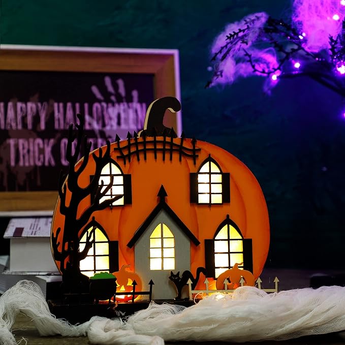 Lulu Home Halloween Tabletop Decoration, Wooden Lighted Pumpkin House Decoration Ornaments, Battery Operated Halloween Sign Indoor Fireplace Desk Kitchen Table Ornament, 9 x 9 x 2.1 INCH